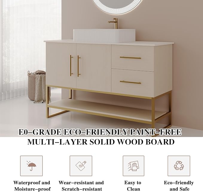 KEIKI 47" Bathroom Vanity with Sink, Modern Freestanding Vanity Cabinet with Ceramic Vessel Sink, Oak Wood Finish, Soft Closing Doors & Drawers, Gold Accent Base, White