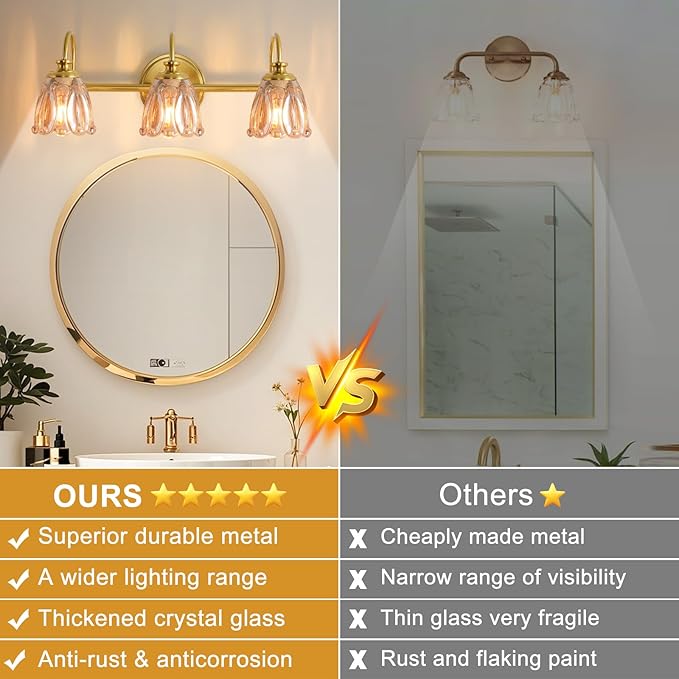 Bathroom Light Fixtures (3-Light), Vintage Brushed Gold Vanity Lights for Bathroom with Amber Tulip Crystal Glass Shade, Vanity Wall Light Over Mirror for Bedroom Living Room Hallway