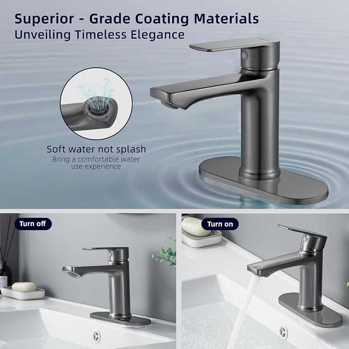 BELZ Grey Bathroom Faucet, Lead-Free 1 or 3 Hole (4") Vanity Sink Faucet | NSF372 Compliant, Anti-corrosion Coating, 6'' Single Handle Sink Faucet with pop-up drain & hot/cold hoses, Easy DIY Install