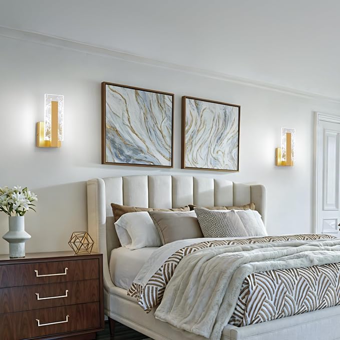Modern LED Wall Sconces Set of 2, Hardwired Acrylic Wall Light Lighting, Gold Indoor Lighting Fixture Lamps, 6000K Cool White Wall Mount Lamps for Bedroom Corridor Stairs Bathroom