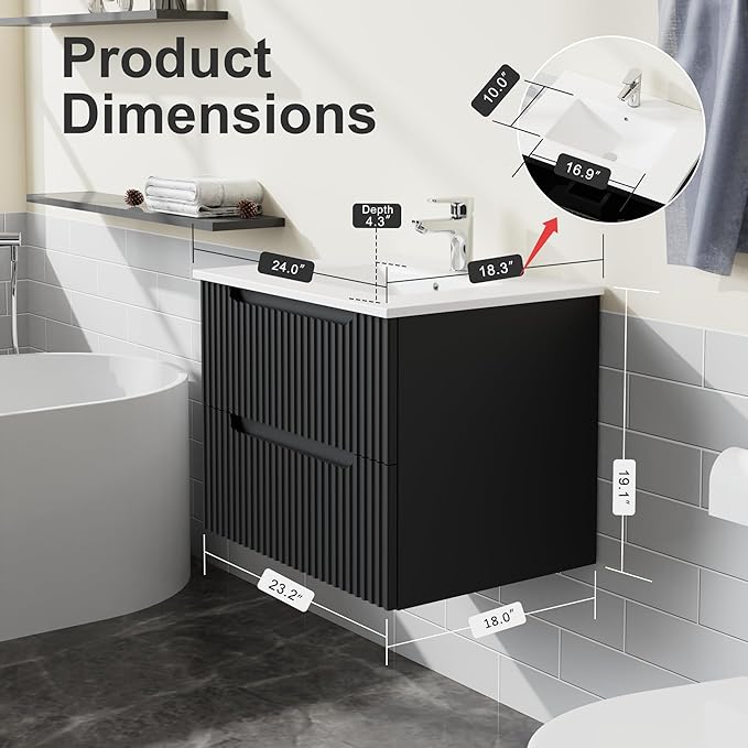 24” Wall Mounted Bathroom Vanity with Sink Floating Bathroom Cabinet Sink Combo, Soft-Close System, 2 Extra Big Drawers, Black