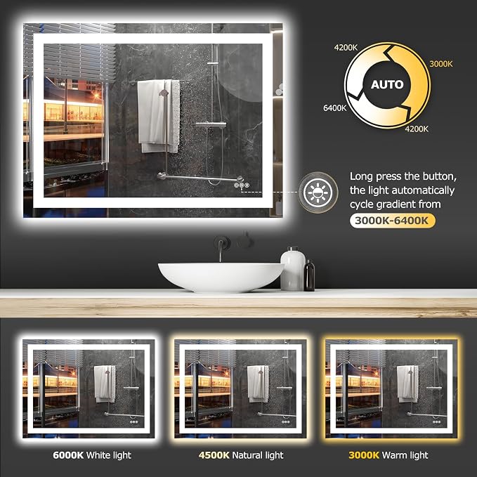 Hivone 40"X30" LED Bathroom Mirror with Lights, Anti-Fog, Dimmable, Backlit + Front Lit, Smart Bathroom Vanity Mirror, Memory Function, Shatterproof, Tempered Glass (Horizontal/Vertical)