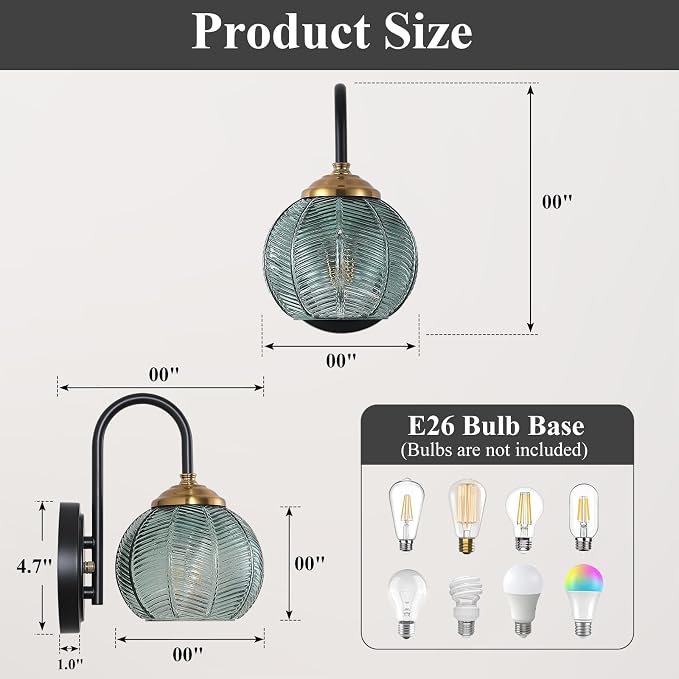 Mecgirn Bathroom Vanity Light Fixtures, 1-Light Green Glass Shade, Modern Black and Gold Wall Sconce, Unique Textured Leaf Pattern, Ceramic E26 Sockets Wall Mounted for Mirror, Cabinet, Hallway