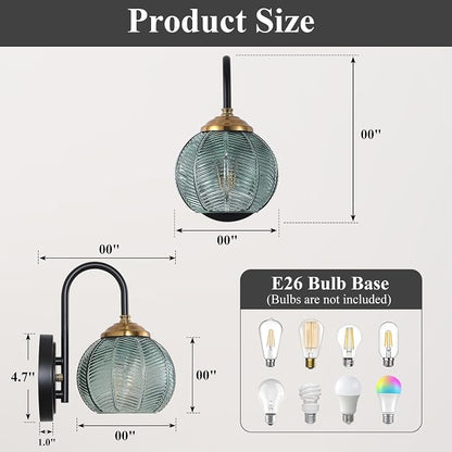 Mecgirn Bathroom Vanity Light Fixtures, 1-Light Green Glass Shade, Modern Black and Gold Wall Sconce, Unique Textured Leaf Pattern, Ceramic E26 Sockets Wall Mounted for Mirror, Cabinet, Hallway