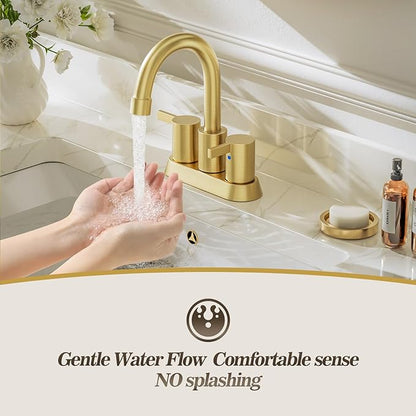 Phiestina Brushed Gold 4 Inch 2 Handle Centerset Lead-Free Bathroom Faucet 2 Pack, Swivel Spout with Copper Pop Up Drain and 2 Water Supply Lines,BF15-1-BG-2PACK