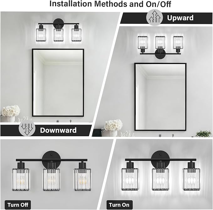 3 Light Bathroom Light Fixtures, Modern Crystal Vanity Lights over Mirror | Metal Frame, Bathroom Light with Square Crystal Shade, ETL Certified, E26 Ceramic Socket, Bulbs Not Included
