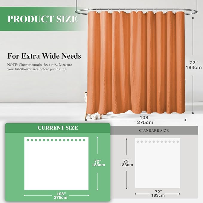 Extra Wide Waffle Shower Curtain 256GSM Fabric 108x72 Burnt Orange | 108 Inch Wide, Thick Cloth, Weighted Hem, Water Repellent, Hotel Luxury Polyester Shower Curtain Set for Bathroom 18 Hooks