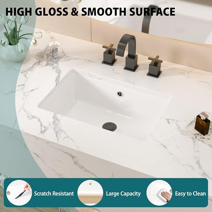 White Ceramic 18"x12" Undermount Bathroom Lavatory Sink | Rectangle under counter white bathroom vessel sink for bathroom with overflow