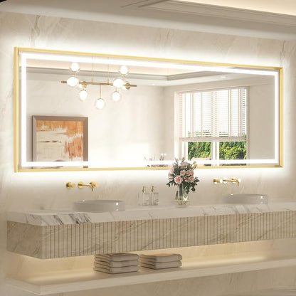 96 x 36 Bathroom LED Mirror Brushed Gold Metal Frame Frontlit & Backlit Vanity Mirror Anti-Fog Stepless Dimmable 3 Colors White/Warm/Natural Wall-Mounted