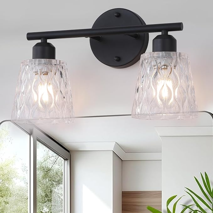 Black Bathroom Vanity Light Over Mirror, 2-Light Wall Mount Fixture with Textured Glass Shades, Stainless Steel Bar Design, E26 Base Sockets (Bulbs Not Included)