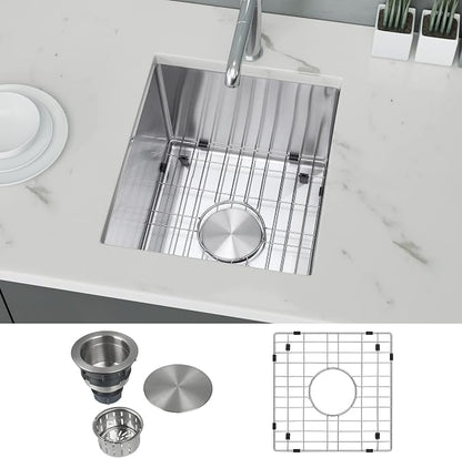 LQS 15 x 15 Undermount Bar Sink, 16 Gauge Stainless Steel, 10-Inch Deep | 10-Inch Deep Undermount Wet Bar Sink 16 Gauge Stainless Steel, Ideal for Bars, Prep Areas and Compact Kitchens