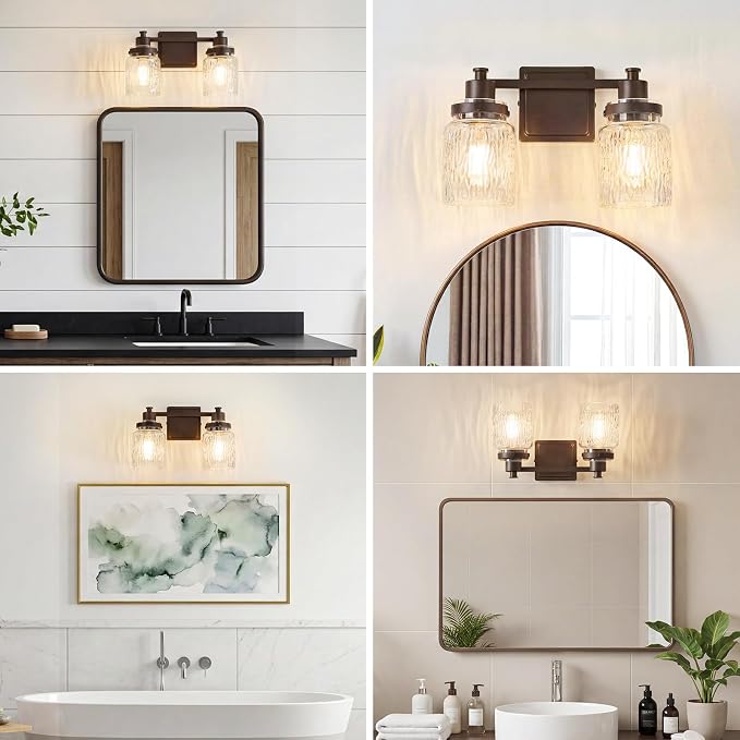 2 Light Bathroom Vanity Light Fixtures Farmhouse Oil Rubbed Bronze | ETL Certificate, Easy to Install,Wall Mount Up or Down,Hammered Glass Lampshade,E26 Socket,Hardwired,120V