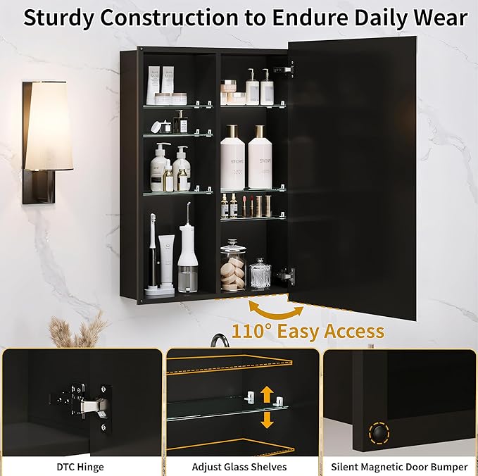 20x26 Medicine Cabinet with Mirror, 6 Adjustable Tempered Glass Shelves, Matte Black Aluminum Bathroom Storage, Soft-Close DTC Hinges, Surface or Recessed Mount, Tempered Beveled Mirror