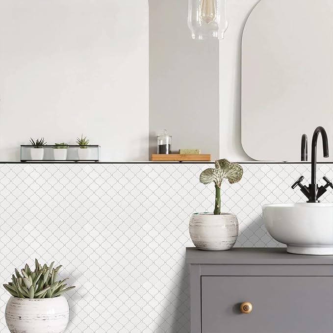STICKGOO Arabesque Peel and Stick Backsplash, 12”X12” Vinyl Backsplash Tile for Kitchen Peel and Stick, Self Adhesive Wall Tile Stick on Tiles (Thicker Design, White)