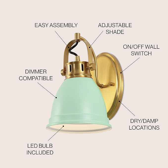 JONATHAN Y 7" Mint Green/Brass Gold 1-Light LED Vanity Light, Adjustable Wall Sconce for Bathroom Mirror, Farmhouse Bohemian Kitchen Light, Iron Black Bell Shade (JYL1114D)