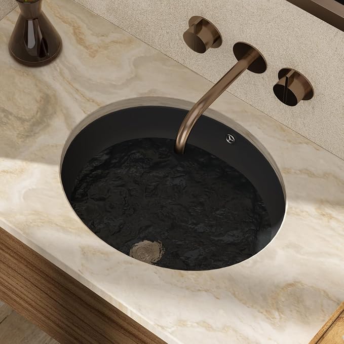18x15 Inch Black Oval Undermount Bathroom Sink | Interior Bowl Size 16"W x 13"D, Ceramic, Curved Bottom, Easy to Clean, with Overflow, Ideal for Bathroom, Lavatory, Vanity