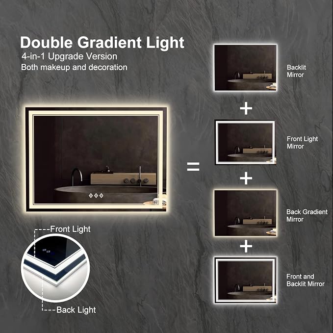 LED Mirror for Bathroom, 48x36 Inch Gradient Front and Backlit Bathroom Mirror, 3 Colors Dimmable CRI>90 Double Lights, IP54 Enhanced Anti-Fog, Hanging Plates Wall Mount LED Vanity Mirror