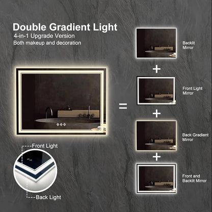 LED Mirror for Bathroom, 48x36 Inch Gradient Front and Backlit Bathroom Mirror, 3 Colors Dimmable CRI>90 Double Lights, IP54 Enhanced Anti-Fog, Hanging Plates Wall Mount LED Vanity Mirror