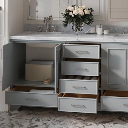ARIEL Stafford 72-inch Bathroom Vanity with Sink,Solid Wood, 1.5-inch Italian Carrara Marble Countertop, Double Rectangular Porcelain Sink, 4 Soft Closing Doors, 6 Dovetail Drawers, Grey