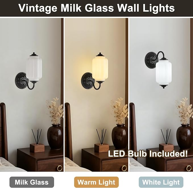 Milk Glass Sconce Set of 2 Vintage Vanity Sconces Bulb Included | Milk Glass Art Deco Antique Wall Sconce Wall Light for Bedroom Bathroom Living Room Entryway, Antique Black and White 2 Pack