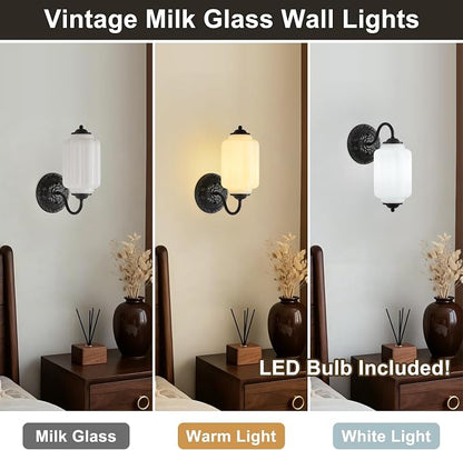 Milk Glass Sconce Set of 2 Vintage Vanity Sconces Bulb Included | Milk Glass Art Deco Antique Wall Sconce Wall Light for Bedroom Bathroom Living Room Entryway, Antique Black and White 2 Pack