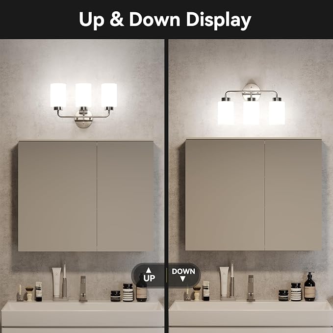 SUNMORY Bathroom Light Fixtures with 3 Stepless Dimmable Bulbs and Remote, 3-Light Modern Vanity Lights with Frosted Glass Shades, Bathroom Wall Lamp for Over Mirror Kitchen Living Room Hallway Porch