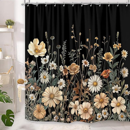 Vintage Boho Floral Shower Curtain, Cute Retro Bohemian Flower Botanical Aesthetic Decorative Shower Curtain Set with Hooks, Unique Dark Wildflower Rustic Farmhouse Shower Curtains for Bathroom 72X78