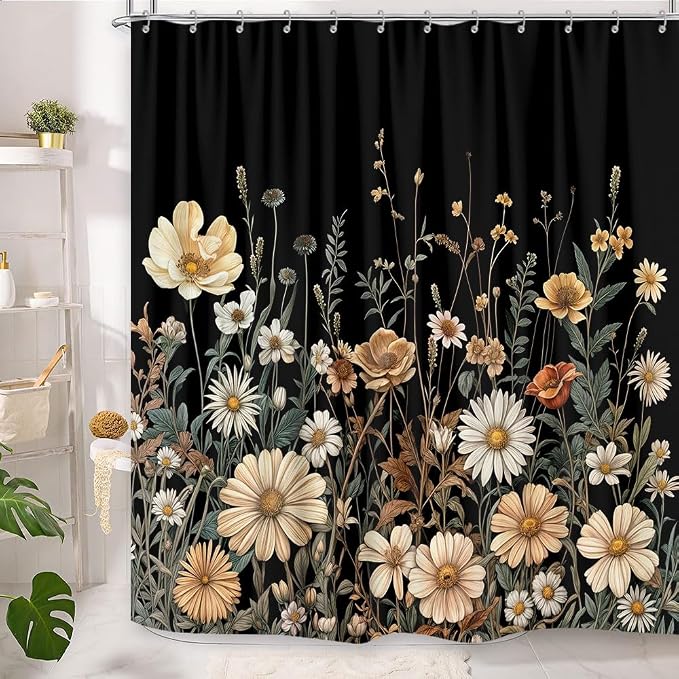 Vintage Boho Floral Shower Curtain, Cute Retro Bohemian Flower Botanical Aesthetic Decorative Shower Curtain Set with Hooks, Unique Dark Wildflower Rustic Farmhouse Shower Curtains for Bathroom 72X72