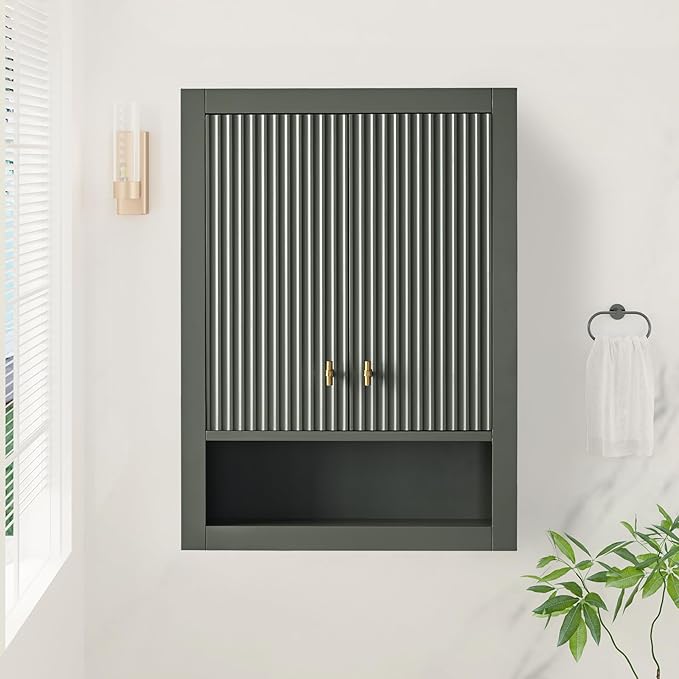 HOMEBEYOND 24 Inches Bathroom Vanity Wall Mount Storage Cabinet & Shelves, Free-Standing Vanity with Soft-Closing Doors, Golden Brushed Handware, Vintage Green