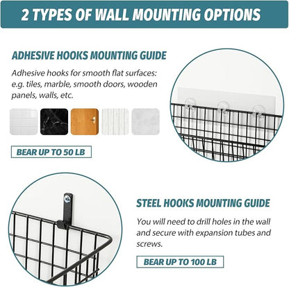 4 Set [EXTRA LARGE] Hanging Wall Mount Storage Baskets with Adhesive Hooks & Steel Hooks, Multiuse Sturdy Wire Metal Organizing Baskets for Home Kitchen Bathroom Pantry Utility Organizer, Black