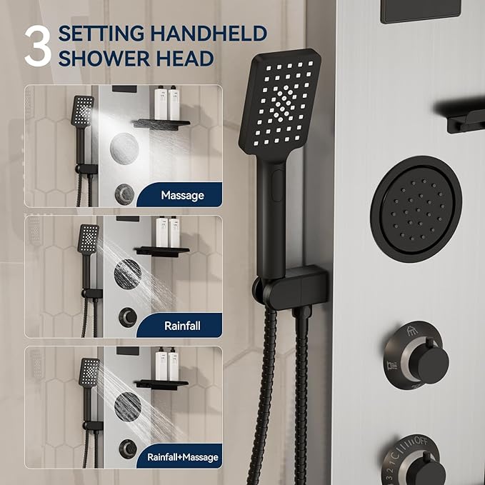 Homevacious 4 In 1 Shower Panel System with Shelf,LED Rainfall Shower Head and Massage Body Jets,3 Functions Handheld Head and Tub Spout,Stainless Steel Bathroom Shower Fixtures,Brushed Nickel