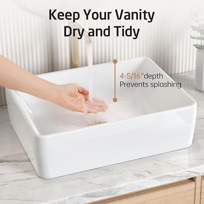 KES Rectangular Bathroom Vessel Sink White 19x15 Inches Rectangle Above Counter Countertop Porcelain Ceramic Vanity Sink, BVS110