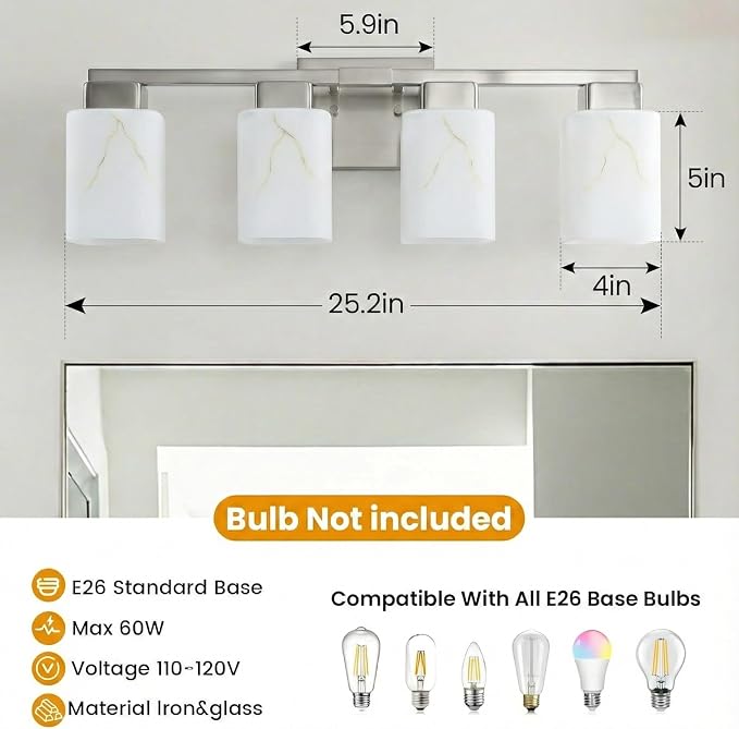 4-Light Square Bathroom Light Fixture, Brushed Nickel Modern Vanity Light with White Marble Glass Shade, for Bathroom Mirror, Living Room, Bedroom, Hallway, E26 Base