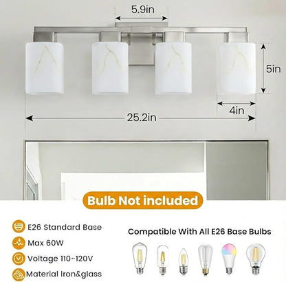 4-Light Square Bathroom Light Fixture, Brushed Nickel Modern Vanity Light with White Marble Glass Shade, for Bathroom Mirror, Living Room, Bedroom, Hallway, E26 Base