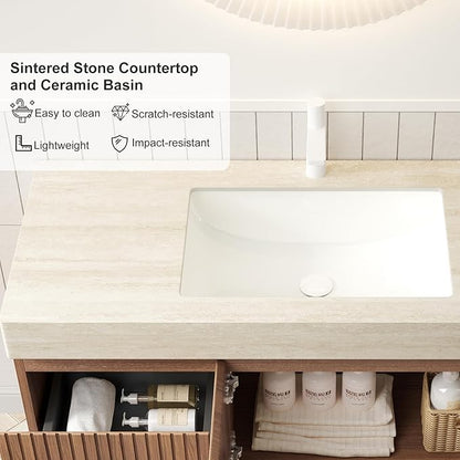 Ambrovina 48" Floating Bathroom Vanity with Sink, Modern Plywood Bathroom Storage Cabinet with Drawer and 2 Door, Roma Travertine Sintered Stone Countertop with Ceramic Basin, Pre-Assembled, Dark Oak