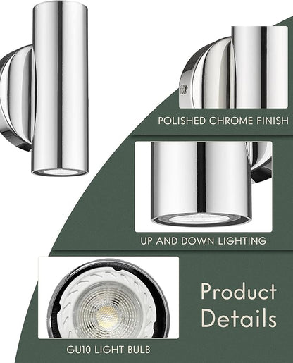 2-Light Wall Sconce, Indoor Up and Down Wall Lamp, Polished Chrome Wall Light for Bedroom Bathroom Stair Entryway, WL4830-2W-PC