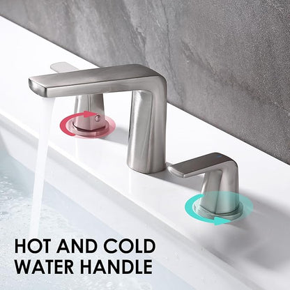 8 inch 2 Handles Widespread Bathroom Faucet 3 Holes with Pop up Drain Assembly and Water Supply Lines, Brushed Nickel