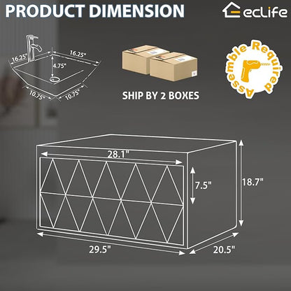 eclife 30" Floating Bathroom Vanities with Sink Combo, Wall Mounted Modern Cabinet W/Diamond Line Pattern Design, White Square Ceramic Vessel Sink W/Water Save Faucet & Pop Up Drain, Black