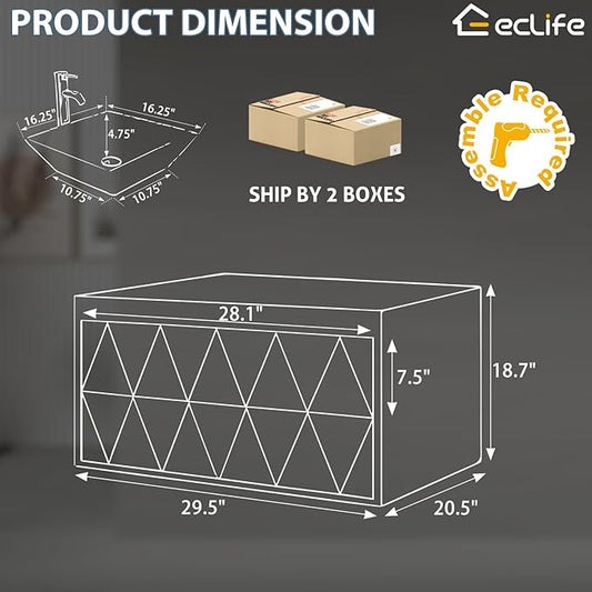 eclife 30" Floating Bathroom Vanities with Sink Combo, Wall Mounted Modern Cabinet W/Diamond Line Pattern Design, White Square Ceramic Vessel Sink W/Water Save Faucet & Pop Up Drain, White