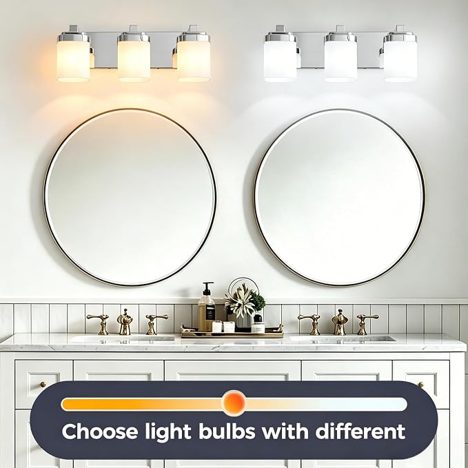 Modern Vanity Lights for Bathroom, Farmhouse Lighting Fixtures | 3-light chrome bathroom light fixtures over mirror, 17 inches bathroom light wall sconce with milky white square glass shade