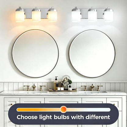 Modern Vanity Lights for Bathroom, Farmhouse Lighting Fixtures | 3-light chrome bathroom light fixtures over mirror, 17 inches bathroom light wall sconce with milky white square glass shade