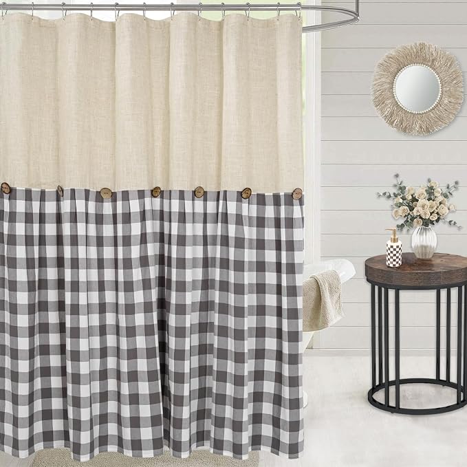 DOSLY Ides Linen Button Farmhouse Shower Curtain, Linen and Cotton Fabric, Pleated Gray and White Buffalo Plaid Checked Pattern, Country Style, 72x72 in