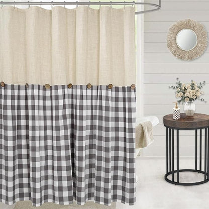 DOSLY Ides Linen Button Farmhouse Shower Curtain, Linen and Cotton Fabric, Pleated Gray and White Buffalo Plaid Checked Pattern, Country Style, 72x72 in