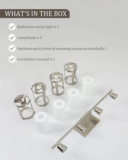 4-Light Brushed Nickel Bathroom Light Fixtures with Milk White Frosted Glass, 29" UL-Listed Modern Wall Sconce Over Mirror with Metal Cage for Bath, Hardwire E26, OS-3014BNW-4W