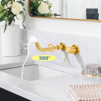 ARCORA Wall Mount Bathroom Faucet, Brushed Gold Single Handle Bathroom Sink Faucet Wall Mounted, Rough-in Valve Included
