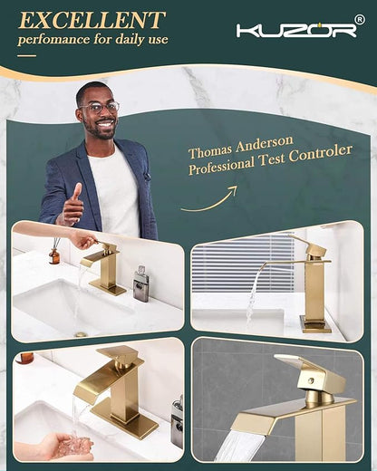 Gold Waterfall Bathroom Sink Faucet, Brushed Gold Finish, Single Handle, 1 or 3 Hole Installation, Metal Pop Up Drain, 23.6-inch Hoses, 3/8 Inch Compression Threads
