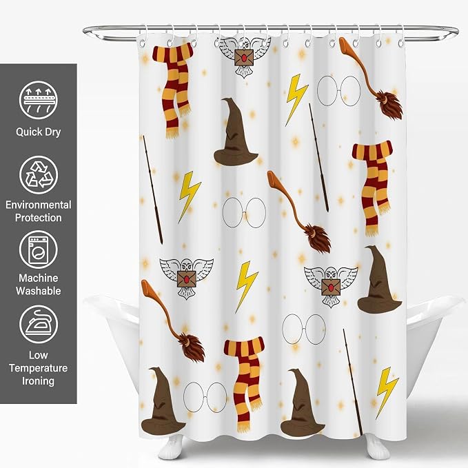 Witchy Preppy Wizard Magic Shower Curtain Kids Fantasy Set 72x72 Inches | Wizard Hat Broom Owl Scarf Magic Print, Kids Bedroom Dorm Guest Housewarming Fantasy Lover Bath Decor, With Hooks