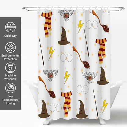 Witchy Preppy Wizard Magic Shower Curtain Kids Fantasy Set 72x72 Inches | Wizard Hat Broom Owl Scarf Magic Print, Kids Bedroom Dorm Guest Housewarming Fantasy Lover Bath Decor, With Hooks