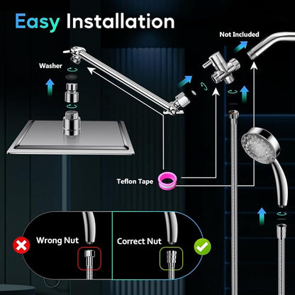 LED Shower Head, 12" LED Shower Head with Color Changing Lights Handheld | High Pressure Rainfall Shower Head Combo, Chrome Stainless Steel & 11" Flexible Curved Arm, 60" Hose