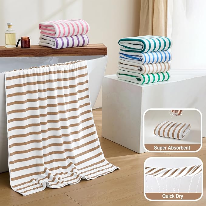 JML Microfiber Beach Towels Set, 6 Pack, 27" x 55", Cabana Stripe Coffee | Hanging Loop, Soft, Absorbent, Quick Dry, Lint-free, No Fading, For Swimming Pool Party